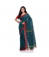 Women`s Traditional Bengali Tant Handloom Cotton Saree Loveria Design With Blouse Piece(Castleton Green)